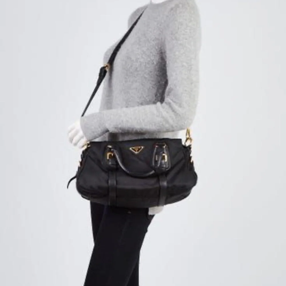 Authentic PRADA Tessuto Nylon And Leather Bauletto Bag Black
